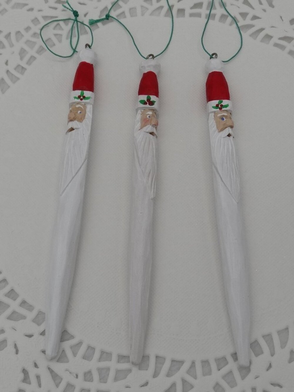 Set of 3 Carved Wood Santa 6" Icicles Christmas Ornaments Signed Folk Art